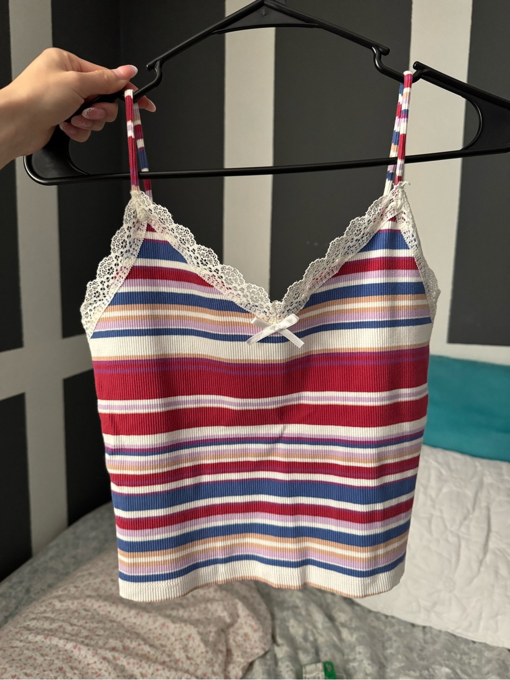 Forever 21 Striped Lace-Trim Cami in Red, Blue, Pink, Cream